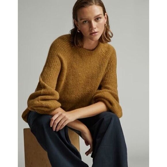 EVERLANE The Super Fuzz Alpaca Oversized Crew Neck Sweater Dijon Orange Brown S - Picture 2 of 14